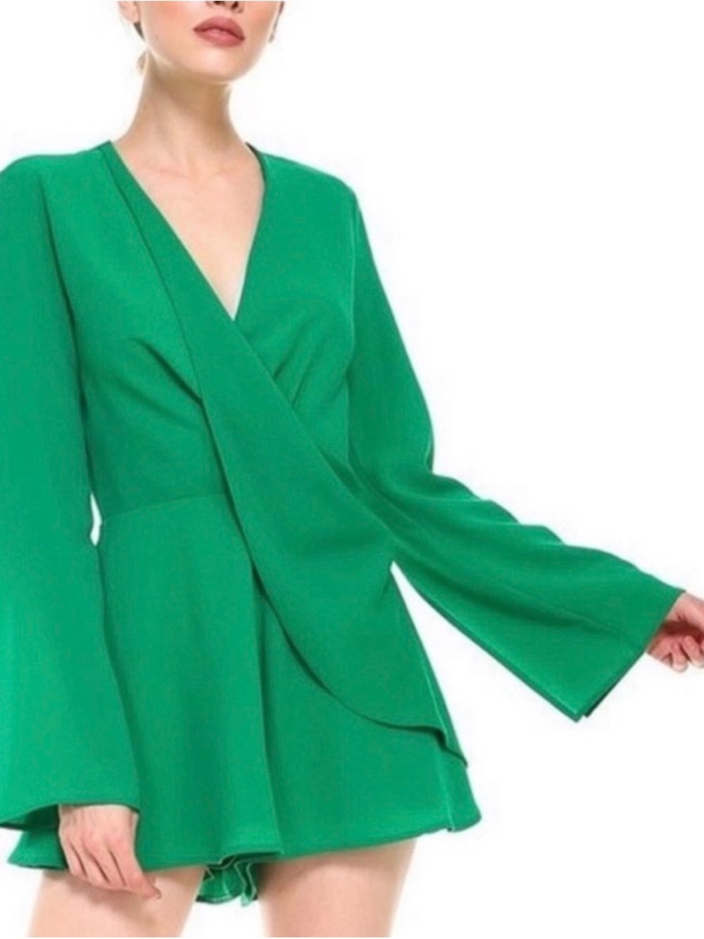 TCEC Green Faux Wrap Romper with Long Sleeve